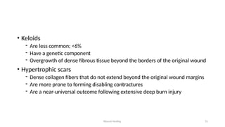 Wound Healing 31
• Keloids
- Are less common; <6%
- Have a genetic component
- Overgrowth of dense fibrous tissue beyond the borders of the original wound
• Hypertrophic scars
- Dense collagen fibers that do not extend beyond the original wound margins
- Are more prone to forming disabling contractures
- Are a near-universal outcome following extensive deep burn injury
 