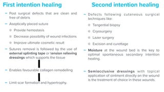 - Post surgical defects that are clean and
free of debris


- Aseptically placed suture


Provide hemostasis


Decrease possibility of wound infections


Improve ultimate cosmetic result


- Sutures removal is followed by the use of
external splinting tape or tension relieving
dressings which supports the tissue


- Enables favourable collagen remodelling


- Limit scar formation and hypertrophy.
First intention healing Second intention healing
- Defects following cutaneous surgical
techniques like:


Tangential biopsy


Cryosurgery


Lazer surgery


Excision and curettage


- Moisture at the wound bed is the key to
optimal spontaneous secondary intention
healing.


- Semiocclusive dressings with topical
application of ointment directly on the wound
is the treatment of choice in these wounds.
 