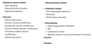 -Substance abuse related


Skin-popping


Vasoconstrictive cocaine


Bacterial embolism


-Vascular


Venous leg ulcers


Chronic venous insu
ffi
ciency


Congenital valvular insu
ffi
ciency


Trauma-related valvular insu
ffi
ciency


Thrombus-related valvular
insu
ffi
ciency


Arterial leg ulcers
- Atherosclerosis-related


- Embolism-related


Thromboangiitis obliterans


Vasculitis


Small-vessel vasculitis:


- Vasculopathy


Hypercoagulopathic disorders


DIC


Cholesterol emboli


Warfarin-induced necrosis (and heparin necrosis)


-Trauma


-Factitial
 