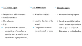 -The middle layer:
 

Absorb the exudate
s

 

Mould to the shape of the
wound.
 

- Composed of materials
like cotton pads or gauze
.

-The contact layer
:

Direct contact with the wound
.

Permeable to
fl
uids
 

Non adherent.
 

E.g.
:

- layer of antibiotic ointment,
 

- contact layer of nonadhesive
material, such as paraf
fi
n gauze
or antibiotic impregnated tulle
.

-The outer layer
:

Secure the dressing in place.
 

Each layer should be in close
contact with the adjacent layer
with no gaps or air pockets
.

- Like a tape or a roller bandag
e

 