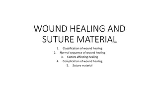 WOUND HEALING AND
SUTURE MATERIAL
1. Classification of wound healing
2. Normal sequence of wound healing
3. Factors affecting healing
4. Complication of wound healing
5. Suture material
 