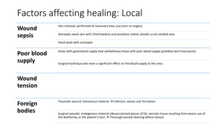 Factors affecting healing: Local
Wound
sepsis
Hair removal: performed at necessary area, just prior to surgery
Antiseptic wash skin with Chlorhexidine and povidone-iodine; double scrub needed area
Hand wash with antiseptic
Poor blood
supply
Areas with good blood supply heal wellwhereas those with poor blood supply (pretibial skin) heal poorly.
Surgical technique also have a significant effect on the blood supply to the area.
Wound
tension
Foreign
bodies
Traumatic wound: Extraneous material  infection; excess scar formation
Surgical wounds: endogenous material (devascularised pieces of fat, necrotic tissue resulting from excess use of
the diathermy, or the patient's hair)  Thorough wound cleaning before closure
 