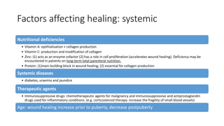 Factors affecting healing: systemic
Nutritional deficiencies
• Vitamin A: epithialisation + collagen production
• Vitamin C: production and modification of collagen
• Zinc: (1) acts as an enzyme cofactor (2) has a role in cell proliferation (accelerates wound healing). Deficiency may be
encountered in patients on long-term total parenteral nutrition.
• Protein: (1)main building block in wound healing; (2) essential for collagen production
Systemic diseases
• diabetes, uraemia and jaundice
Therapeutic agents
• Immunosuppressive drugs: chemotherapeutic agents for malignancy and immunosuppressive and antiprostaglandin
drugs used for inflammatory conditions. (e.g. corticosteroid therapy: increase the fragility of small blood vessels)
Age: wound healing increase prior to puberty, decrease postpuberty
 