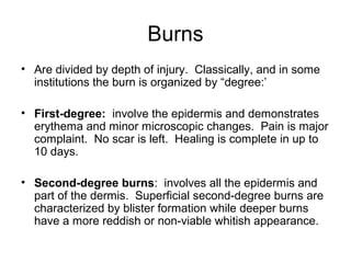 Burns
• Are divided by depth of injury. Classically, and in some
institutions the burn is organized by “degree:’
• First-degree: involve the epidermis and demonstrates
erythema and minor microscopic changes. Pain is major
complaint. No scar is left. Healing is complete in up to
10 days.
• Second-degree burns: involves all the epidermis and
part of the dermis. Superficial second-degree burns are
characterized by blister formation while deeper burns
have a more reddish or non-viable whitish appearance.
 