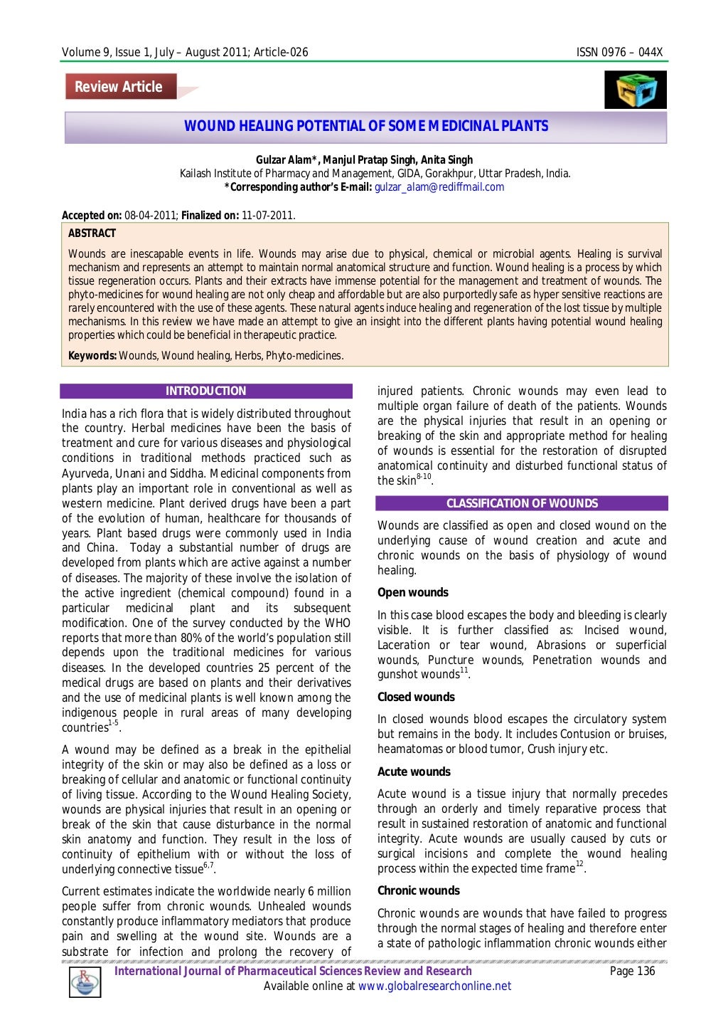 Wound healing potential of some medicinal plants