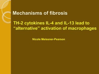 Mechanisms of fibrosis
TH-2 cytokines IL-4 and IL-13 lead to
“alternative” activation of macrophages

        Nicole Meissner-Pearson
 