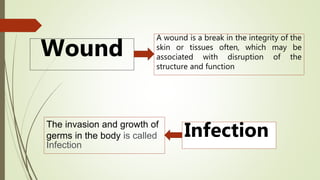 A wound is a break in the integrity of the
skin or tissues often, which may be
associated with disruption of the
structure and function
Wound
Infection
The invasion and growth of
germs in the body is called
Infection
 