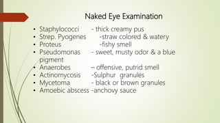 Naked Eye Examination
• Staphylococci - thick creamy pus
• Strep. Pyogenes -straw colored & watery
• Proteus -fishy smell
• Pseudomonas - sweet, musty odor & a blue
pigment
• Anaerobes – offensive, putrid smell
• Actinomycosis -Sulphur granules
• Mycetoma - black or brown granules
• Amoebic abscess -anchovy sauce
 