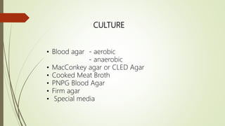 CULTURE
• Blood agar - aerobic
- anaerobic
• MacConkey agar or CLED Agar
• Cooked Meat Broth
• PNPG Blood Agar
• Firm agar
• Special media
 