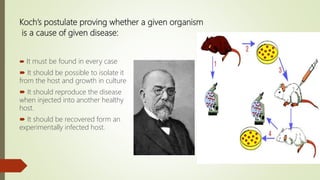 Koch’s postulate proving whether a given organism
is a cause of given disease:
 It must be found in every case
 It should be possible to isolate it
from the host and growth in culture
 It should reproduce the disease
when injected into another healthy
host.
 It should be recovered form an
experimentally infected host.
 