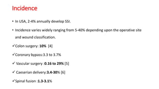 Incidence
• In USA, 2-4% annually develop SSI.
• Incidence varies widely ranging from 5-40% depending upon the operative site
and wound classification.
Colon surgery: 10% [4]
Coronary bypass:3.3 to 3.7%
 Vascular surgery :0.16 to 29% [5]
 Caeserian delivery:3.4-30% [6]
Spinal fusion :1.3-3.1%
 