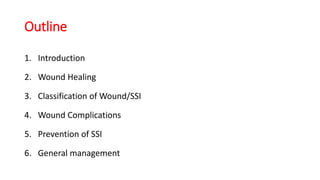 Outline
1. Introduction
2. Wound Healing
3. Classification of Wound/SSI
4. Wound Complications
5. Prevention of SSI
6. General management
 