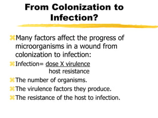 From Colonization to
Infection?
Many factors affect the progress of
microorganisms in a wound from
colonization to infection:
Infection= dose X virulence
__________host resistance
The number of organisms.
The virulence factors they produce.
The resistance of the host to infection.
 