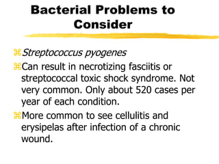 Bacterial Problems to
Consider
Streptococcus pyogenes
Can result in necrotizing fasciitis or
streptococcal toxic shock syndrome. Not
very common. Only about 520 cases per
year of each condition.
More common to see cellulitis and
erysipelas after infection of a chronic
wound.
 