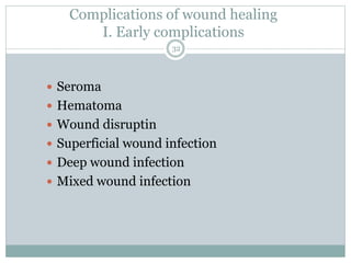 Complications of wound healing
I. Early complications
 Seroma
 Hematoma
 Wound disruptin
 Superficial wound infection
 Deep wound infection
 Mixed wound infection
32
 