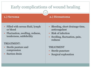 1.) Seroma 2.) Hematoma
 Filled with serous fluid, lymph
or blood
 Fluctuation, swelling, redness,
tenderness, subfebrility
TREATMENT:
 Sterile punture and
compression
 Suction drain
Early complications of wound healing
33
 Bleeding, short drainage time,
anticoagulant
 Risk of infection
 Swelling, fluctuation, pain,
redness
TREATMENT
 Sterile puncture
 Surgical exploration
 
