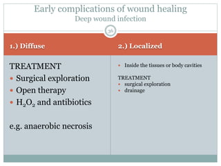1.) Diffuse 2.) Localized
TREATMENT
 Surgical exploration
 Open therapy
 H2O2 and antibiotics
e.g. anaerobic necrosis
 Inside the tissues or body cavities
TREATMENT
 surgical exploration
 drainage
Early complications of wound healing
Deep wound infection
36
 
