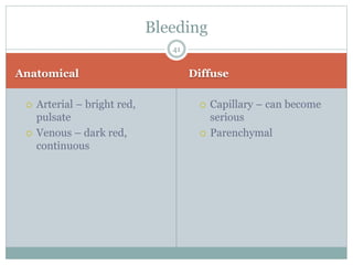 Anatomical Diffuse
 Arterial – bright red,
pulsate
 Venous – dark red,
continuous
 Capillary – can become
serious
 Parenchymal
Bleeding
41
 