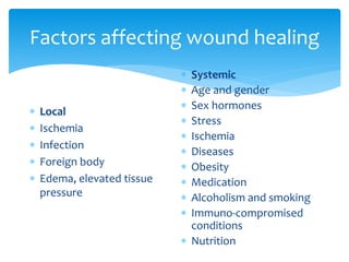 Factors affecting wound healing
 Local
 Ischemia
 Infection
 Foreign body
 Edema, elevated tissue
pressure
 Systemic
 Age and gender
 Sex hormones
 Stress
 Ischemia
 Diseases
 Obesity
 Medication
 Alcoholism and smoking
 Immuno-compromised
conditions
 Nutrition
 