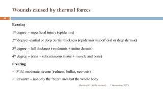 Wounds caused by thermal forces
Rebira W. ( AHN student)
Burning
1st degree – superficial injury (epidermis)
2nd degree –partial or deep partial thickness (epidermis+superficial or deep dermis)
3rd degree – full thickness (epidermis + entire dermis)
4th degree – (skin + subcutaneous tissue + muscle and bone)
Freezing
 Mild, moderate, severe (redness, bullas, necrosis)
 Rewarm – not only the frozen area but the whole body
1 November 2023
25
 