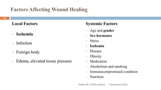 Factors Affecting Wound Healing
 Ischemia
 Infection
 Foreign body
 Edema, elevated tissue pressure
 Age and gender
 Sex hormones
 Stress
 Ischemia
 Disease
 Obesity
 Medication
 Alcoholism and smoking
 Immunocompromised condition
 Nutrition
Rebira W. ( AHN student)
Local Factors Systemic Factors
1 November 2023
33
 