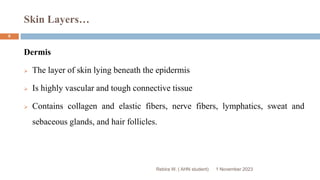 Skin Layers…
Rebira W. ( AHN student)
Dermis
 The layer of skin lying beneath the epidermis
 Is highly vascular and tough connective tissue
 Contains collagen and elastic fibers, nerve fibers, lymphatics, sweat and
sebaceous glands, and hair follicles.
1 November 2023
9
 