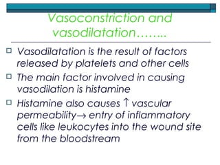 Vasoconstriction and
vasodilatation……..
 Vasodilatation is the result of factors
released by platelets and other cells
 The main factor involved in causing
vasodilation is histamine
 Histamine also causes ↑ vascular
permeability→ entry of inflammatory
cells like leukocytes into the wound site
from the bloodstream
 