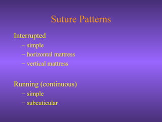 Suture Patterns
Interrupted
– simple
– horizontal mattress
– vertical mattress
Running (continuous)
– simple
– subcuticular
 