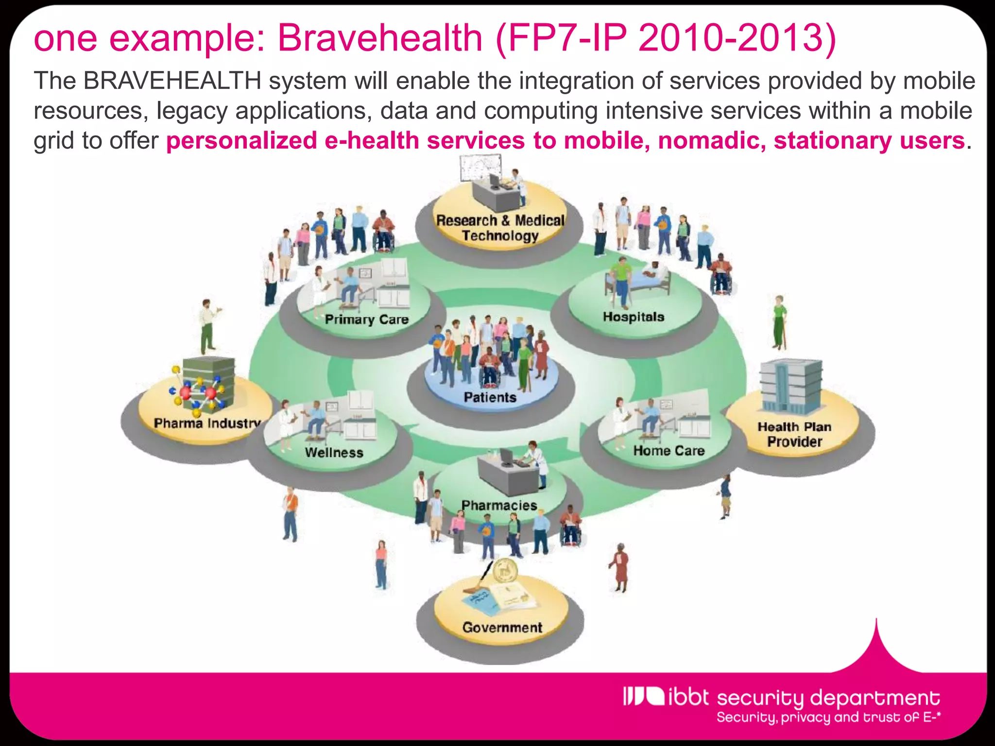 one example: Bravehealth (FP7-IP 2010-2013)
The BRAVEHEALTH system will enable the integration of services provided by mobile
resources, legacy applications, data and computing intensive services within a mobile
grid to offer personalized e-health services to mobile, nomadic, stationary users.
 