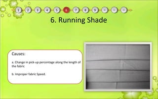 6. Running Shade
Causes:
a. Change in pick-up percentage along the length of
the fabric
b. Improper fabric Speed.
11 22 33 44 55 66 77 88 99 1010 1111 1212
 