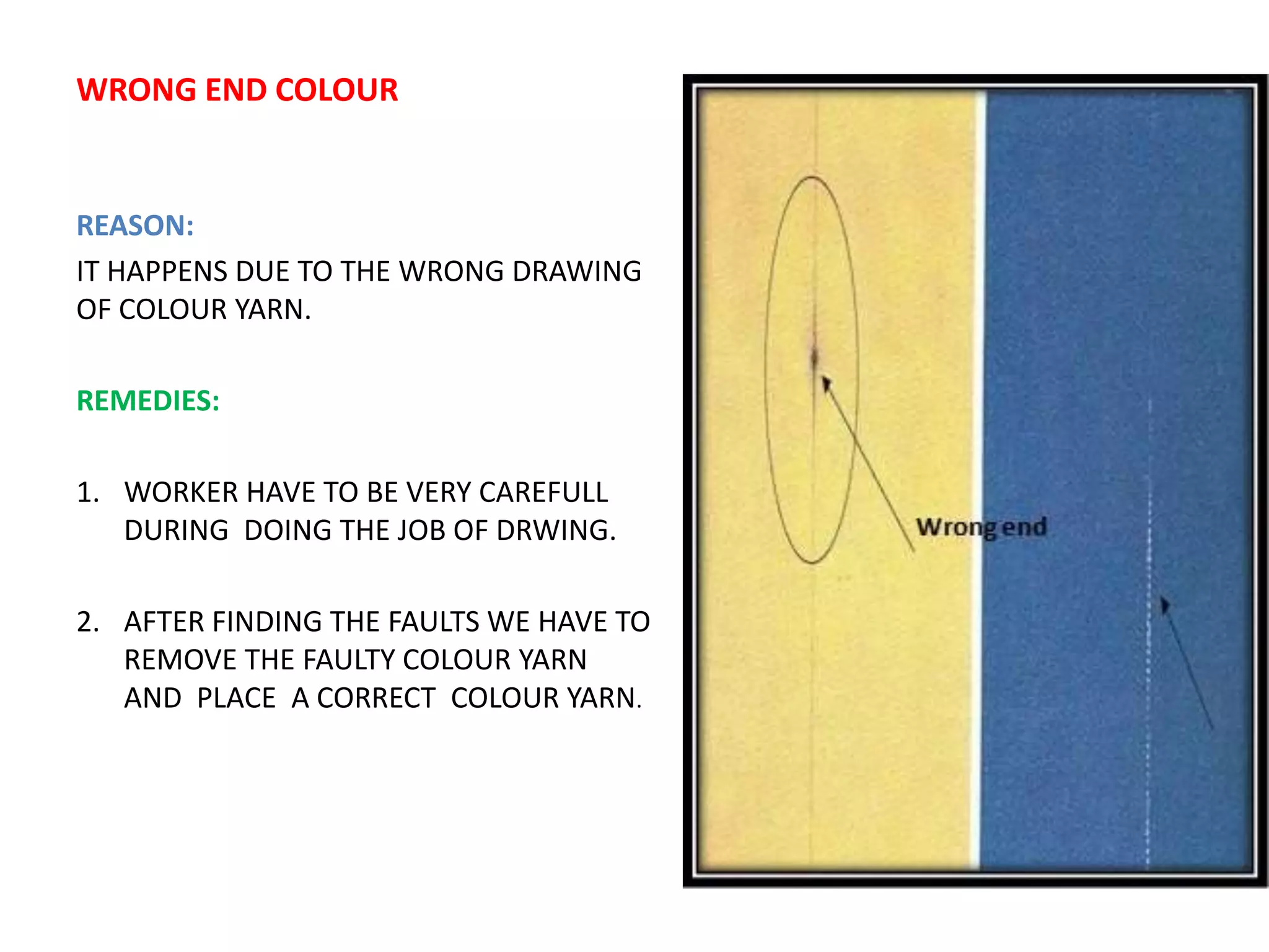 WRONG END COLOUR
REASON:
IT HAPPENS DUE TO THE WRONG DRAWING
OF COLOUR YARN.
REMEDIES:
1. WORKER HAVE TO BE VERY CAREFULL
DURING DOING THE JOB OF DRWING.
2. AFTER FINDING THE FAULTS WE HAVE TO
REMOVE THE FAULTY COLOUR YARN
AND PLACE A CORRECT COLOUR YARN.
 