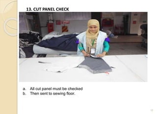 13. CUT PANEL CHECK
17
a. All cut panel must be checked
b. Then sent to sewing floor.
 