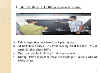5
a. Fabric inspection done based on 4 point system
b. At first should check 10% from packing list if fail then 15% if
again fail then check 100%
c. One man can check 10/12 yrd fabric per minute
d. During fabric inspection must use mockup of various kind of
fabric defect.
1. FABRIC INSPECTION (BASE ON 4 POINT SYSTEM)
 