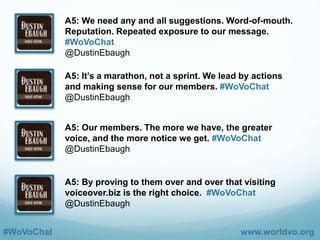 #WoVoChat www.worldvo.org
Q5: What’s the best way to get
producers, clients and booking agents
to notice our new voiceover.biz site?
#WoVoChat
 