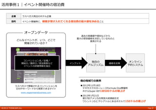 活⽤事例１｜イベント開催時の宿泊費
企業

ラスベガス周辺のホテル企業

⽬的

イベント開催時に、顧客が受け⼊れてくれる宿泊費の最⼤値を決めること

オープンデータ
どんなイベントが、いつ、どこで
開催されているか？

コンベンション名／会場／
開始⽇／最終⽇／参加者数など
イベントの詳細情報を抽出

過去の実績値や傾向などから
最⼤の受容価格を決定しているものと
推測される

インプット

独⾃の
アルゴリズム

価格を反映

オンライン
予約システム

他の地域での実例
ラスベガスで開催されるコンベンションを
⽇付やキーワードから検索できるサイト
www.vegasmeansbusiness.com

©2013 THINKJAM.Inc.

●2012年11⽉18⽇
テキサスでのカーレースFormula One開催時
ホテルSuper 8が1泊500ドルの値上げ
●2013年1⽉21⽇
第57回アメリカ合衆国⼤統領就任式
ワシントンD.C.やシアトルにあるホテルで150ドルの値上げ
Page

2

 