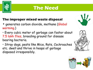 The Need

The improper mixed waste disposal
• generates carbon dioxide, methane (Global
warming.)
• Every cubic meter of garbage can foster about
7.5 lakh flies, breeding ground for disease
bearing bacteria.
• Stray dogs, pests like Mice, Rats, Cockroaches
etc. dwell and thrive in heaps of garbage
disposed irresponsibly.



                                                   18
 