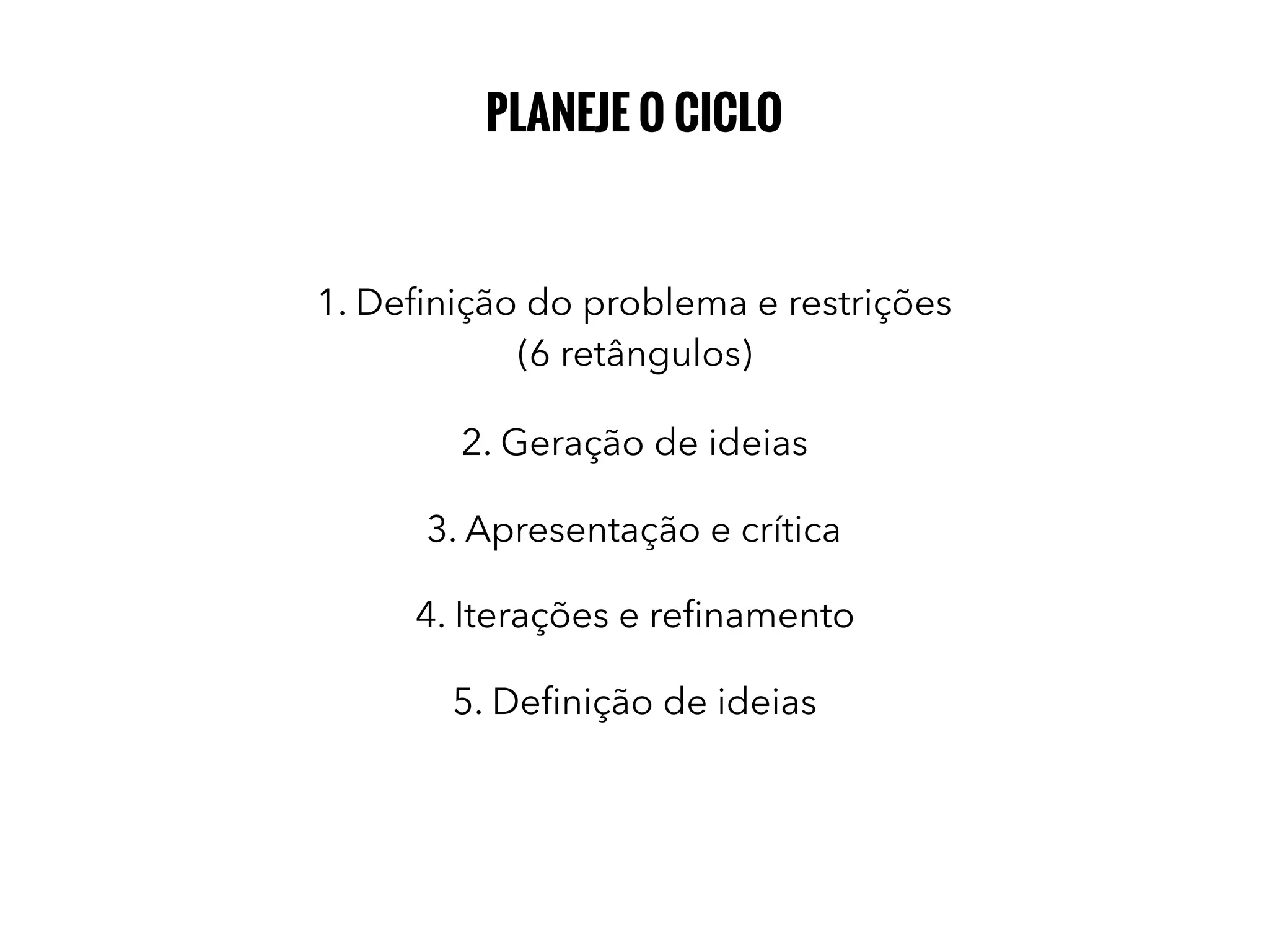 1. Deﬁnição do problema e restrições
(6 retângulos)
2. Geração de ideias
3. Apresentação e crítica
4. Iterações e reﬁnamento
5. Deﬁnição de ideias
PLANEJE O CICLO
 