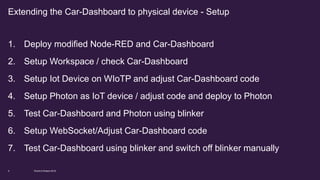 1. Deploy modified Node-RED and Car-Dashboard
2. Setup Workspace / check Car-Dashboard
3. Setup Iot Device on WIoTP and adjust Car-Dashboard code
4. Setup Photon as IoT device / adjust code and deploy to Photon
5. Test Car-Dashboard and Photon using blinker
6. Setup WebSocket/Adjust Car-Dashboard code
7. Test Car-Dashboard using blinker and switch off blinker manually
Extending the Car-Dashboard to physical device - Setup
World of Watson 20169
 