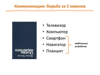 Коммуникации: борьба за 5 экранов
• Телевизор
• Компьютер
• Смартфон
• Навигатор
• Планшет
мобильные
устройства
 