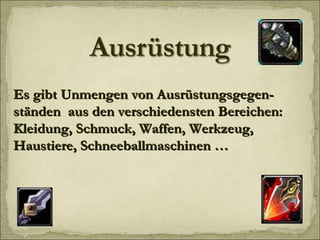 Es gibt Unmengen von Ausrüstungsgegen-ständen  aus den verschiedensten Bereichen: Kleidung, Schmuck, Waffen, Werkzeug, Haustiere, Schneeballmaschinen … 