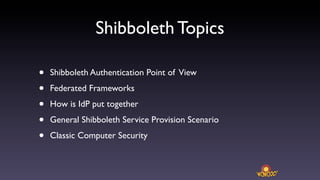 Shibboleth Topics

•   Shibboleth Authentication Point of View

•   Federated Frameworks

•   How is IdP put together

•   General Shibboleth Service Provision Scenario

•   Classic Computer Security
 