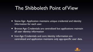 The Shibboleth Point of View

•   Stone Age: Application maintains unique credential and identity
    information for each user.

•   Bronze Age: Credentials are centralized but applications maintain
    all user identity information

•   Iron Age: Credentials and core identity information are
    centralized and application maintains only app-speciﬁc user data.
 