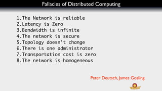 Fallacies of Distributed Computing

1.The Network is reliable
2.Latency is Zero
3.Bandwidth is infinite
4.The network is secure
5.Topology doesn’t change
6.There is one administrator
7.Transportation cost is zero
8.The network is homogeneous


                              Peter Deutsch, James Gosling
 