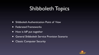 Shibboleth Topics

•   Shibboleth Authentication Point of View

•   Federated Frameworks

•   How is IdP put together

•  ...
