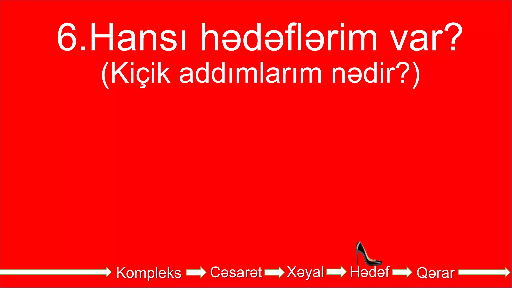 Kompleks Cəsarət Xəyal Hədəf Qərar
6.Hansı hədəflərim var?
(Kiçik addımlarım nədir?)
 