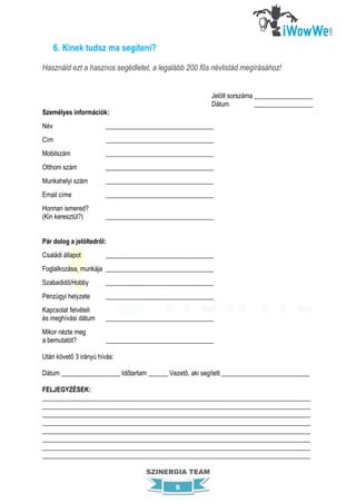 6. Kinek tudsz ma segíteni?

Használd ezt a hasznos segédletet, a legalább 200 fős névlistád megírásához!


                                                         Jelölt sorszáma __________________
                                                         Dátum           __________________
Személyes információk:
Név                     _________________________________
Cím                     _________________________________
Mobilszám               _________________________________
Otthoni szám            _________________________________
Munkahelyi szám         _________________________________
Email címe              _________________________________
Honnan ismered?
(Kin keresztül?)        _________________________________


Pár dolog a jelöltedről:
Családi állapot         _________________________________
Foglalkozása, munkája _________________________________
Szabadidő/Hobby         _________________________________
Pénzügyi helyzete       _________________________________
Kapcsolat felvételi
és meghívási dátum      _________________________________
Mikor nézte meg
a bemutatót?            _________________________________

Után követő 3 irányú hívás:

Dátum __________________ Időtartam ______ Vezető, aki segített ___________________________

FELJEGYZÉSEK:
__________________________________________________________________________________
__________________________________________________________________________________
__________________________________________________________________________________
__________________________________________________________________________________
__________________________________________________________________________________
__________________________________________________________________________________
__________________________________________________________________________________
__________________________________________________________________________________

                                    SZINERGIA TEAM

                                             5
 
