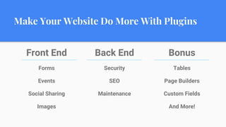 Make Your Website Do More With Plugins
Front End
Forms
Events
Social Sharing
Images
Back End
Security
SEO
Maintenance
Bonus
Tables
Page Builders
Custom Fields
And More!
 