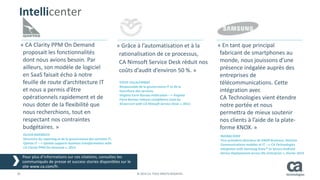 18 © 2014 CA. TOUS DROITS RÉSERVÉS.
« CA Clarity PPM On Demand
proposait les fonctionnalités
dont nous avions besoin. Par
ailleurs, son modèle de logiciel
en SaaS faisait écho à notre
feuille de route d’architecture IT
et nous a permis d’être
opérationnels rapidement et de
nous doter de la flexibilité que
nous recherchions, tout en
respectant nos contraintes
budgétaires. »
OLIVIA BAKARICH
Directrice du reporting et de la gouvernance des activités IT,
Qantas IT – « Qantas supports business transformation with
CA Clarity PPM On-Demand », 2013
« Grâce à l’automatisation et à la
rationalisation de ce processus,
CA Nimsoft Service Desk réduit nos
coûts d’audit d’environ 50 %. »
STEVE VILLALPANDO
Responsable de la gouvernance IT et de la
fourniture des services,
Virginia Farm Bureau Federation – « Virginia
Farm Bureau reduces compliance costs by
50 percent with CA Nimsoft Service Desk », 2012
« En tant que principal
fabricant de smartphones au
monde, nous jouissons d’une
présence inégalée auprès des
entreprises de
télécommunications. Cette
intégration avec
CA Technologies vient étendre
notre portée et nous
permettra de mieux soutenir
nos clients à l’aide de la plate-
forme KNOX. »
INJONG RHEE
Vice-président directeur de KNOX Business, Division
Communications mobiles et IT – « CA Technologies
Integrates with Samsung Knox™ to Secure Android
Device Deployments across the Enterprise », février 2014
Intellicenter
Pour plus d’informations sur ces citations, consultez les
communiqués de presse et success stories disponibles sur le
site www.ca.com/fr.
 