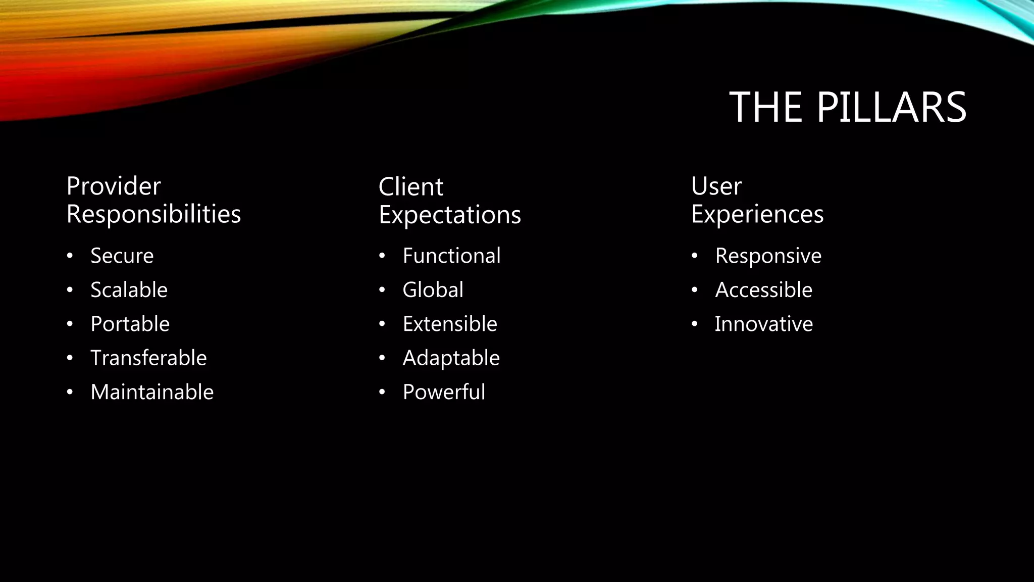 THE PILLARS
Provider
Responsibilities
• Secure
• Scalable
• Portable
• Transferable
• Maintainable
Client
Expectations
• Functional
• Global
• Extensible
• Adaptable
• Powerful
User
Experiences
• Responsive
• Accessible
• Innovative
 