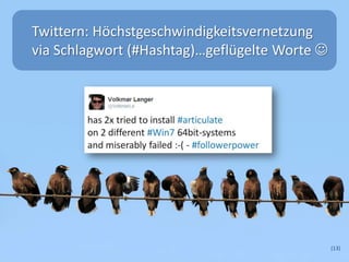 (13)
Twittern: Höchstgeschwindigkeitsvernetzung
via Schlagwort (#Hashtag)…geflügelte Worte 
 